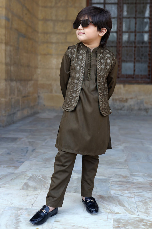 Olive Green Waistcoat Suit KC 055