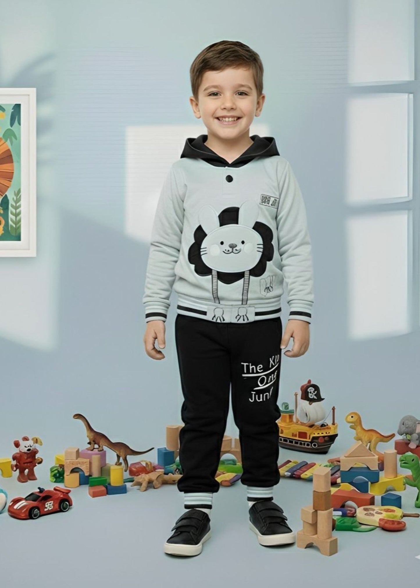 Pastel Grey And Black 2Pcs Hoodie Set KH 003