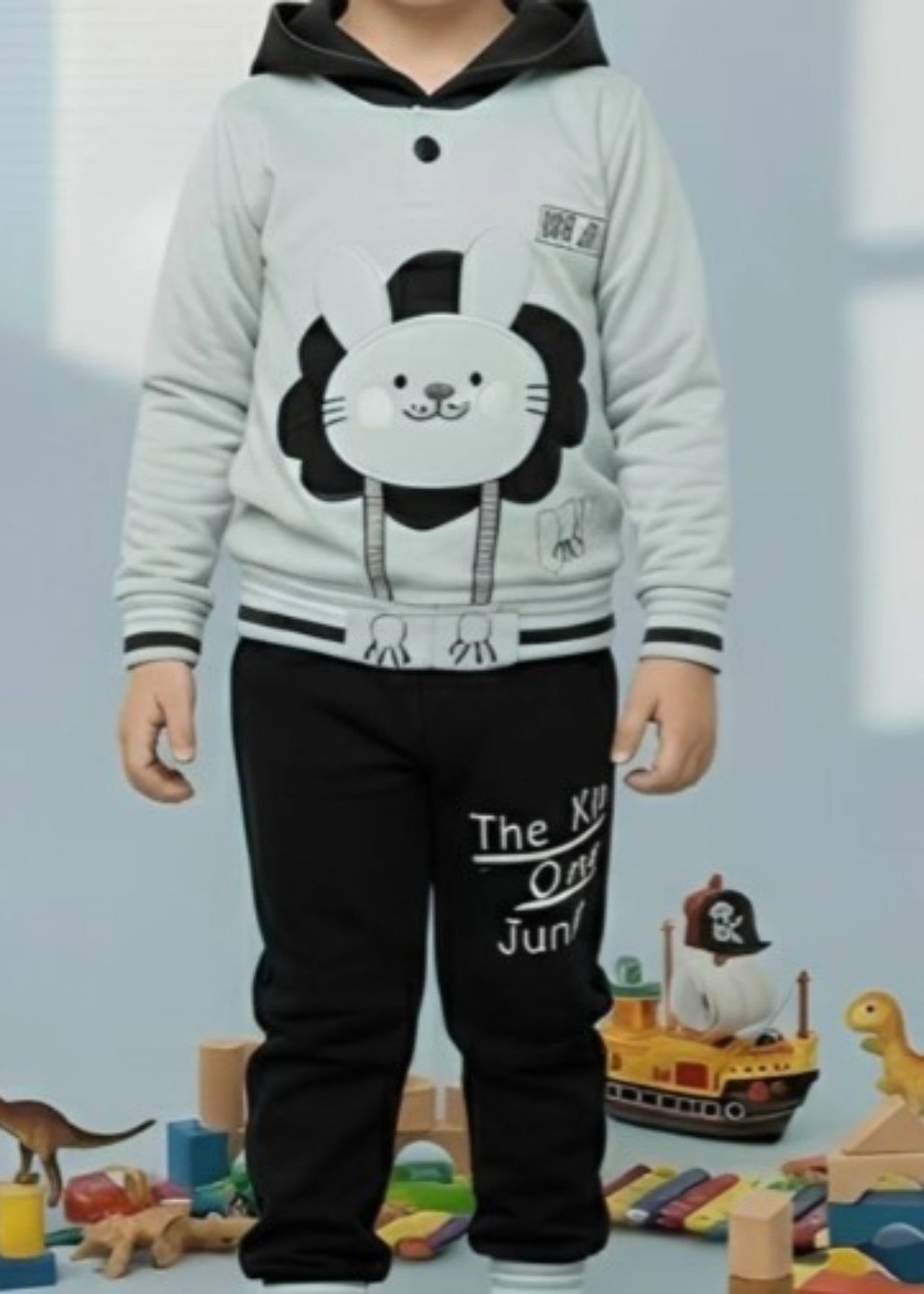 Pastel Grey And Black 2Pcs Hoodie Set KH 003